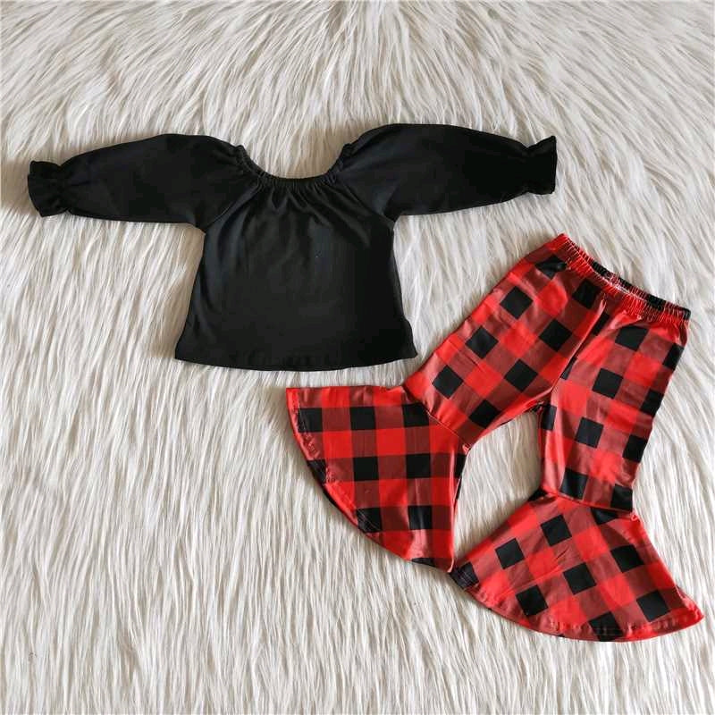 promotion black red plaid long sleeve bell bottom pants girl outfits