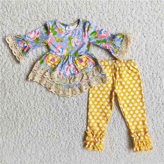 girl yellow dot ruffle floral double lace tunic pocket long sleeve legging pants outfits