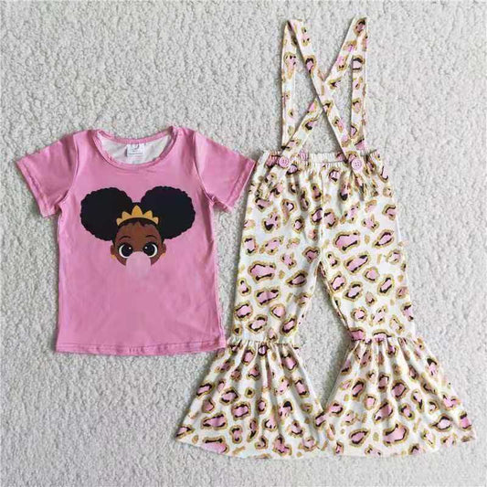 promotion D5-29 RTS pink top black big eyes girls bubble gum top pink leopard girl overall outfit