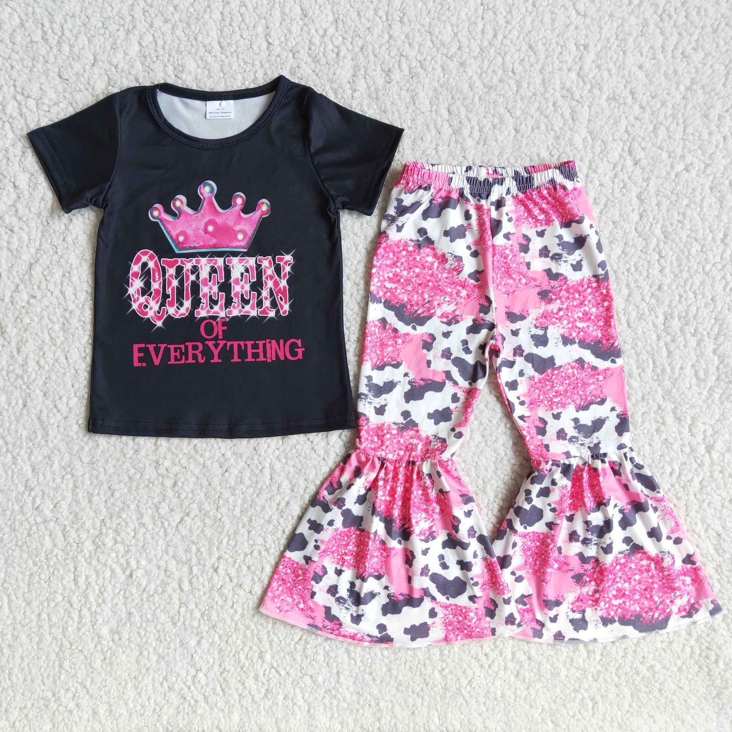 promotion B2-13 black top pink crown queen short sleeve cow bell bottom pants girl outfit 0609