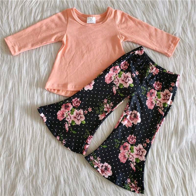 Promotion RTS solid color pink dot floral long sleeve bell bottom pants girl outfits