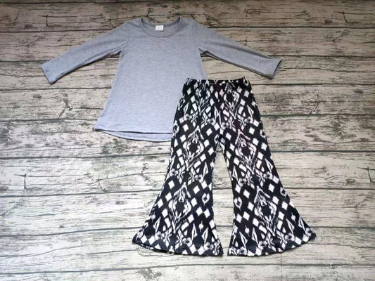 promotion 6 A30-26-2 solid color gray grey long sleeve bell bottom pants girl outfits RTS