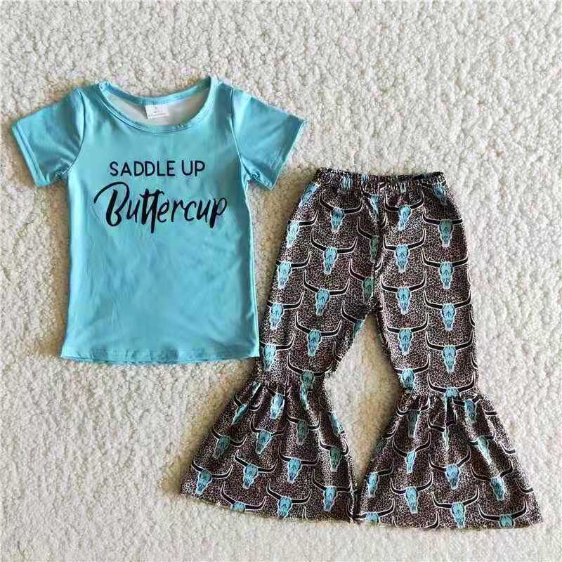 B11-2 letter blue print short sleeve print cow head bell bottom pants outfit 0806 RTS