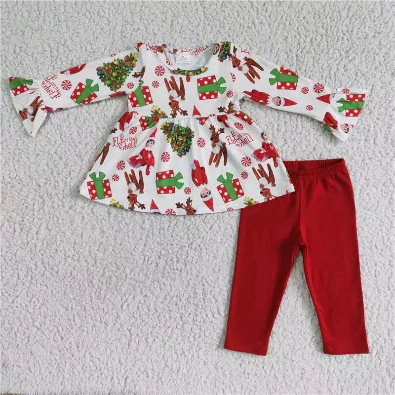 Christmas red hat cartoon long sleeve pants pink girl outfit 1107 RTS