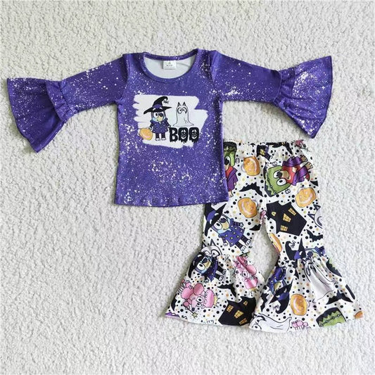 GLP0007 Purple flare sleeve orange pumpkin cartoon dog bell bottom pants girl outfit 20230628 RTS