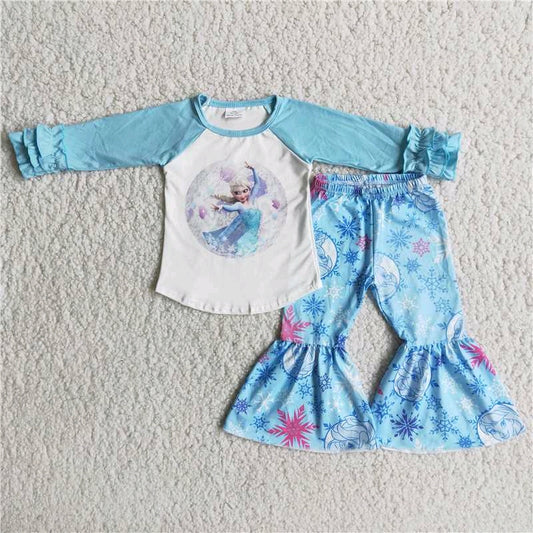 ruffles blue raglan cartoon princess pajamas long sleeve bell bottom pant outfit