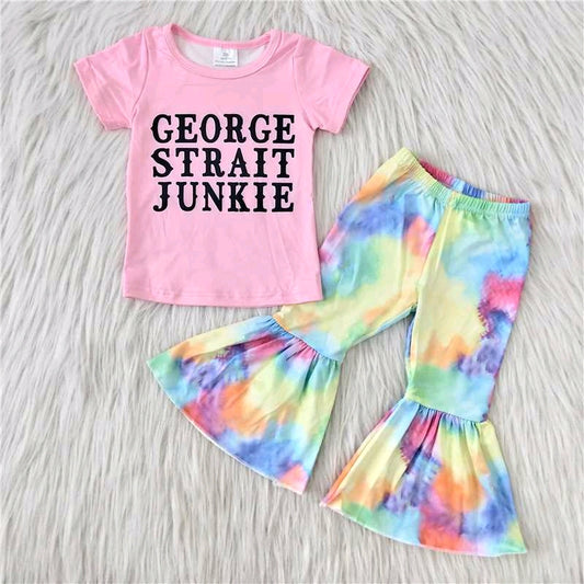 promotion C0-4. girl george letter pink colorful short sleeve bell bottom outfit