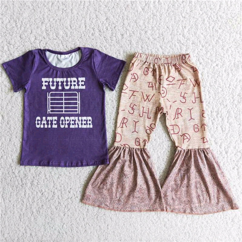 promotion Future gate letters purple short sleeve bell bottom girl outfit