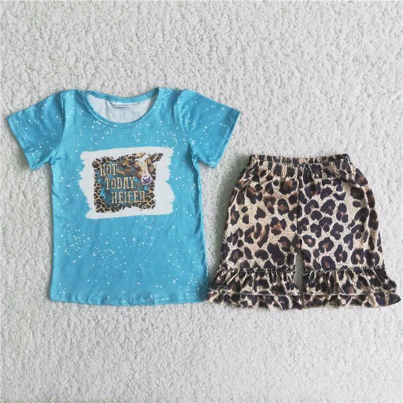 girl blue cow leopard print lace short sleeve shorts