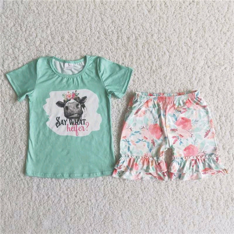 girl blue cow floral plaid short sleeve shorts