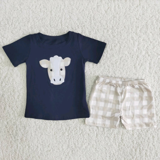 boy dark blue cow plaid short sleeve shorts