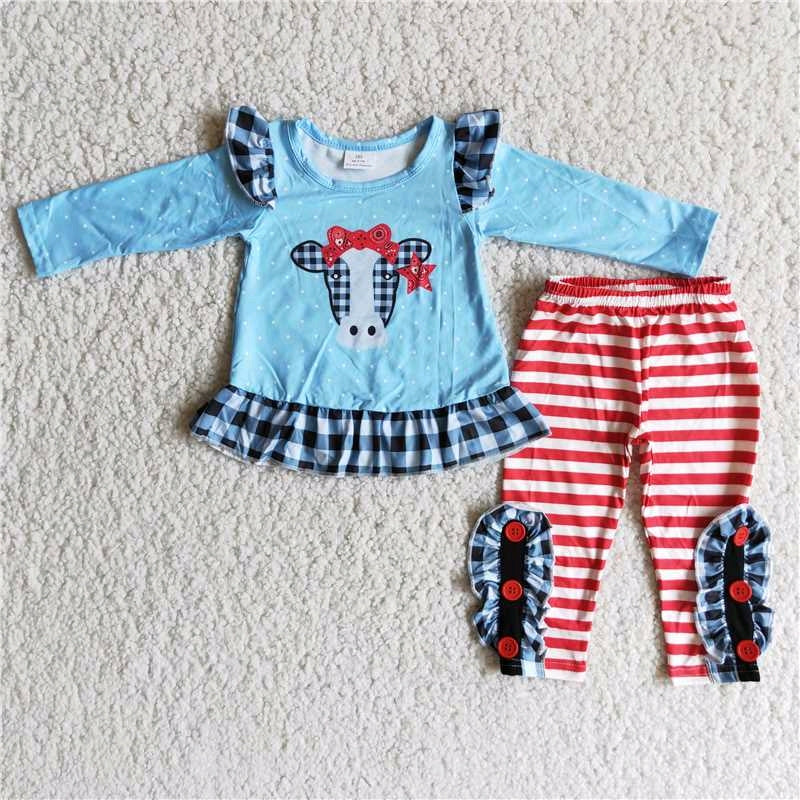 promotion 6 B7-22 Cow blue red stripes long sleeve legging outfit