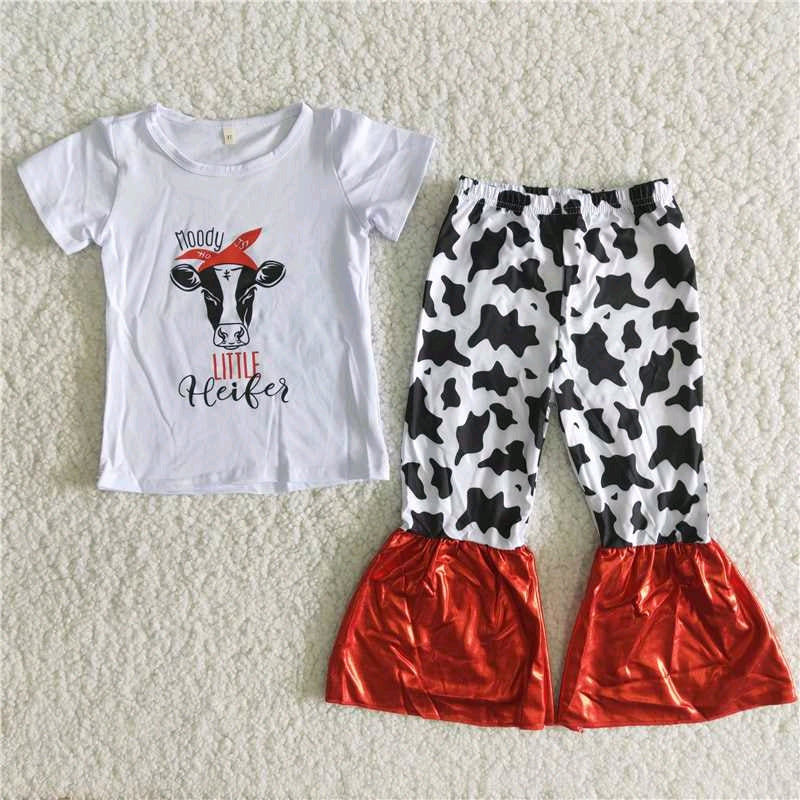 B13-1 Cow white milk red short sleeve bell bottom outfit RTS 1221