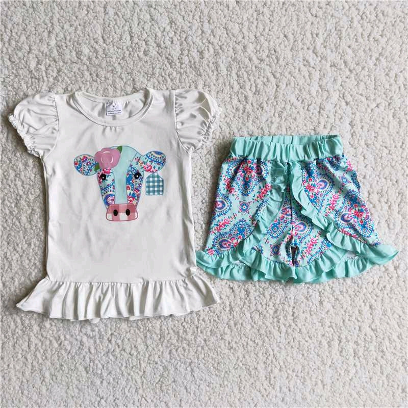 girl white cow lantern sleeve blue lace short sleeve shorts