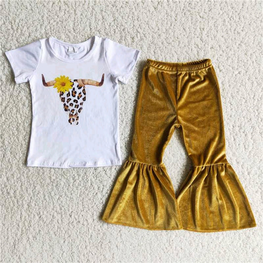 promotion D2-11 Cow sunflower boy short sleeve bell bottom velvet outfit