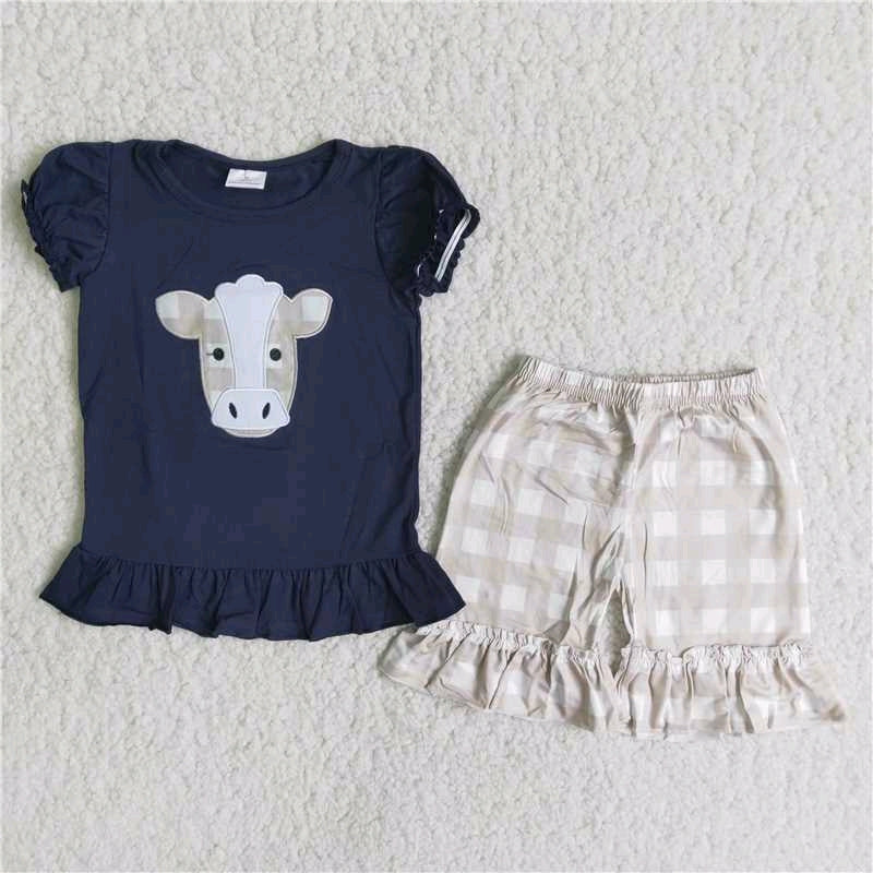 girl dark blue cow lantern sleeve plaid short sleeve shorts