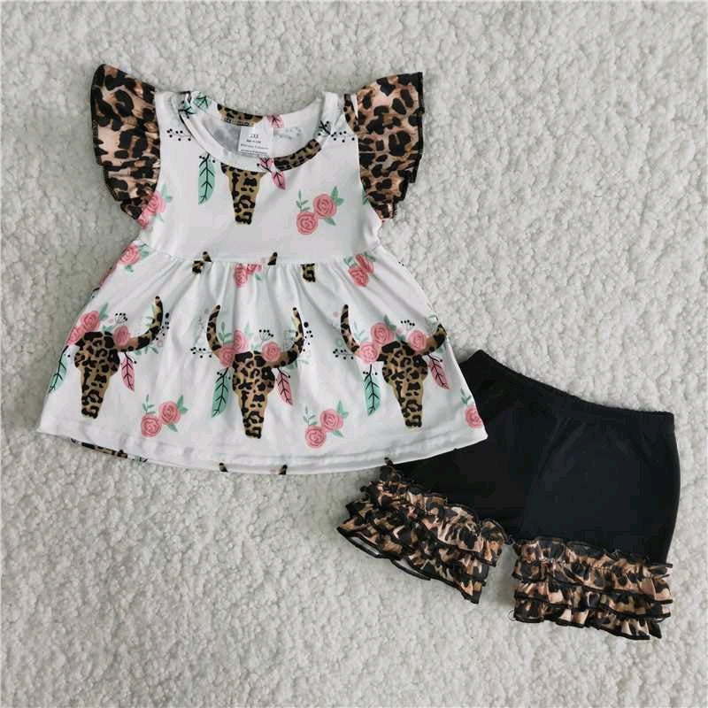 girl ox head puffy sleeve leopard short sleeve shorts