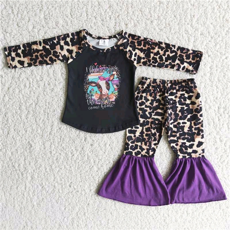 promotion 6 A1-14 Cow leoaprd raglan purple long sleeve  bell bottom outfit