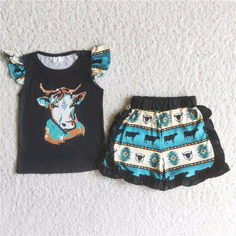 girl black cow puffy lace short sleeve shorts