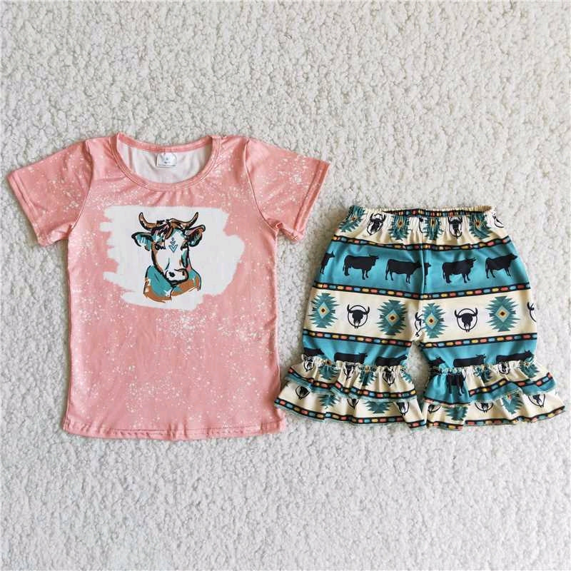 girl pink cow stripe short sleeve shorts