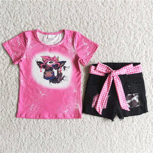 girl outfit hotpink cow plaid bow denim shorts set