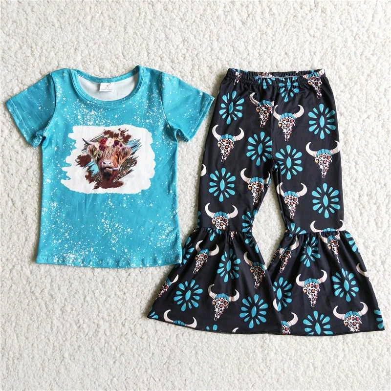 Promotion blue Cow print short sleeve bell bottom outfits