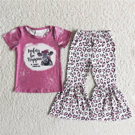 promotion Cow pink leopard short sleeve bell bottom outfit RTS