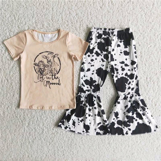 promotion Cow scale letter short sleeve bell bottom outfits RTS