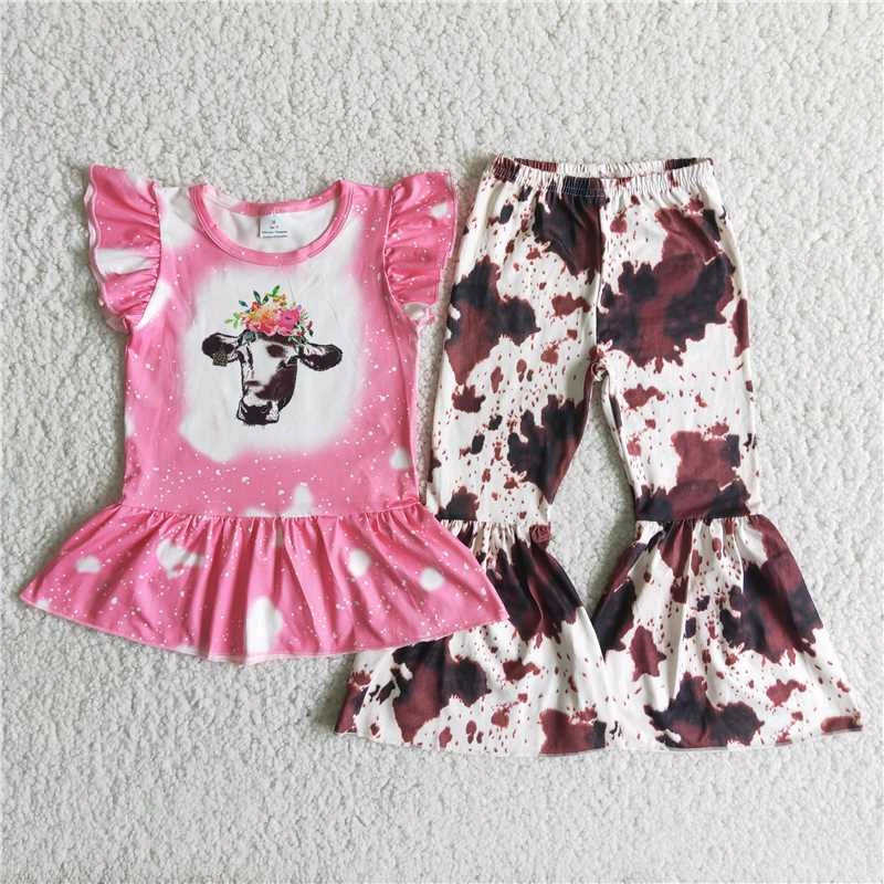 promotion price C8-13 Cow floral scale print puffy short sleeve bell bottom outfit RTS 0614