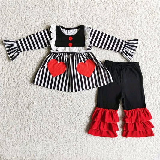 Valentine girl stripe love black red ruffles long sleeve pants outfit