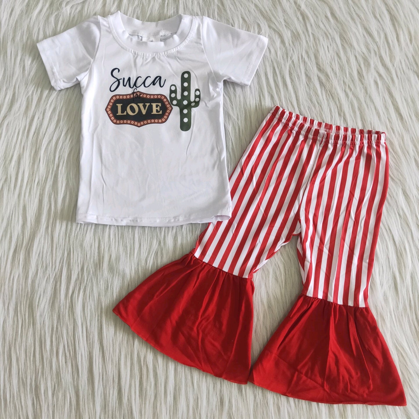 love succa letters red stripe short sleeve bell bottom pants outfit