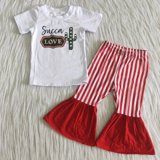 love succa letters red stripe short sleeve bell bottom pants outfit