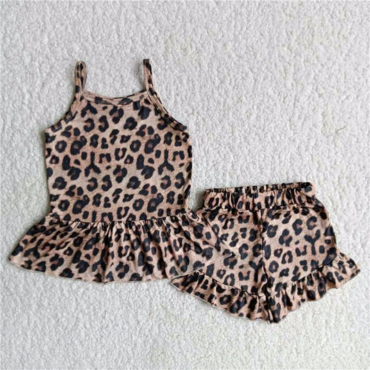 shoulder strap leopard print girl short sleeve shorts outfits 0309