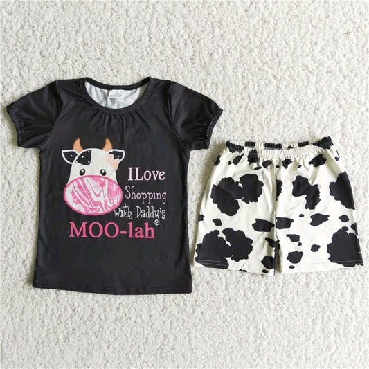 Promotion RTS I love shopping moo letters cow print ruffles black short sleeve shorts 0516