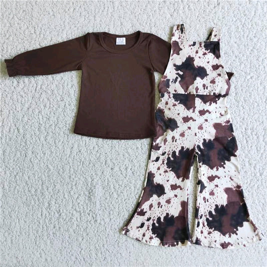 Girl Cow Leopard Brown Long Sleeve Overall Outfit 0621 RTS
