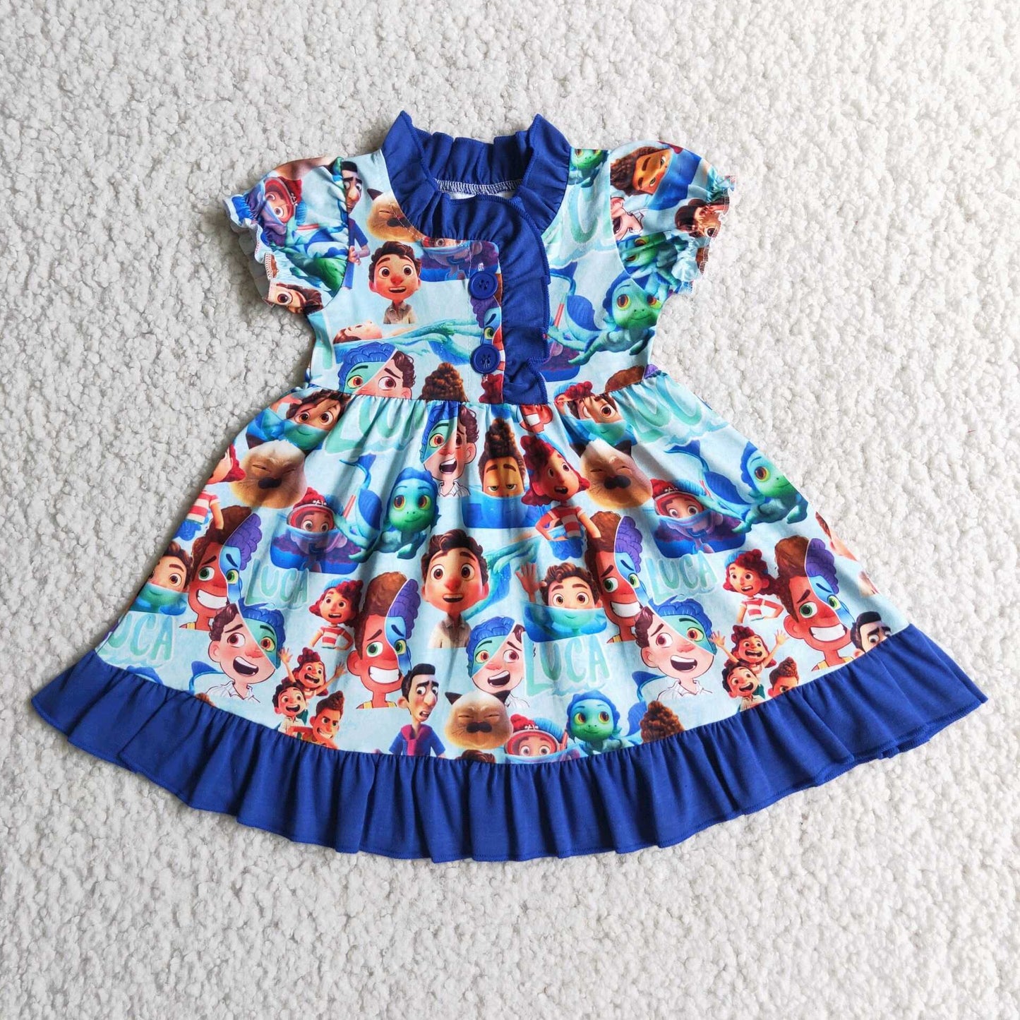 promotion E4-2 button cartoon blue short sleeve dress