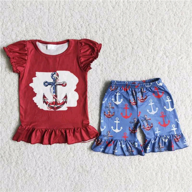 anchor red short sleeve blue shorts girl summer outfit 0104