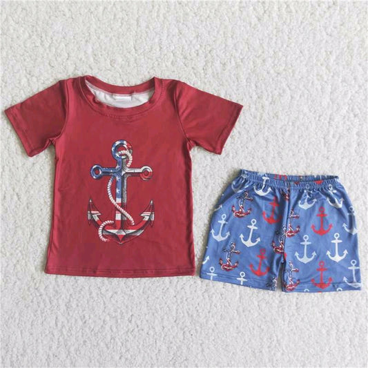 anchor red short sleeve blue shorts boy summer outfit 0104