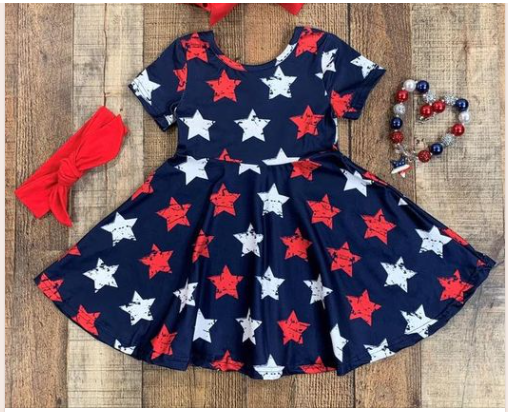 Preorder blue dresses white and red stars print girl dress 0317