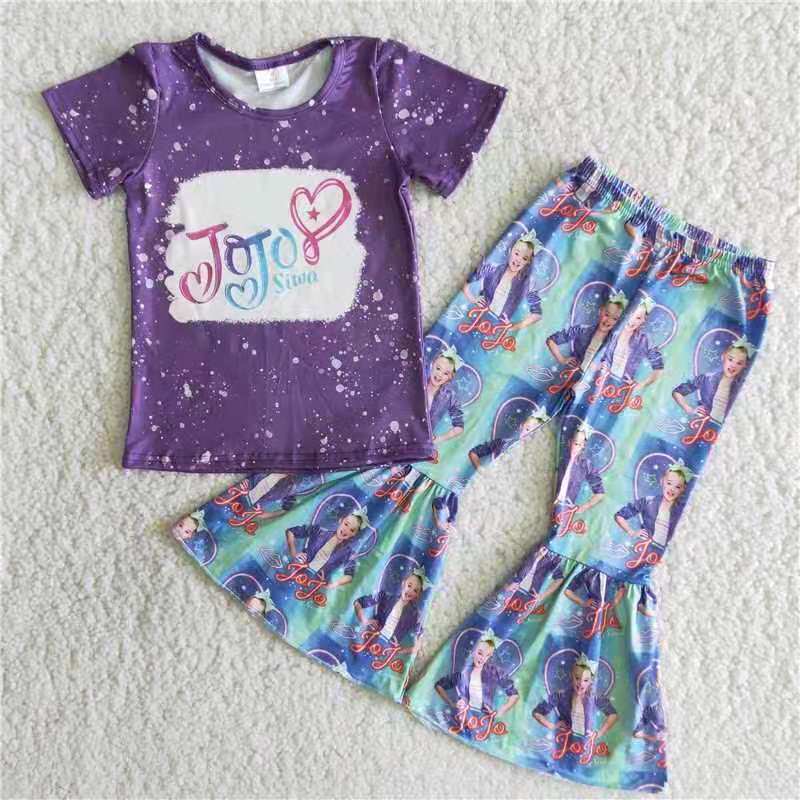 promotion RTS letters purple dot girl short sleeve bell bottom outfit 0504