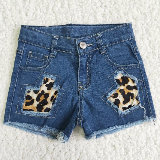 girl button blue leopard print ripped denim shorts