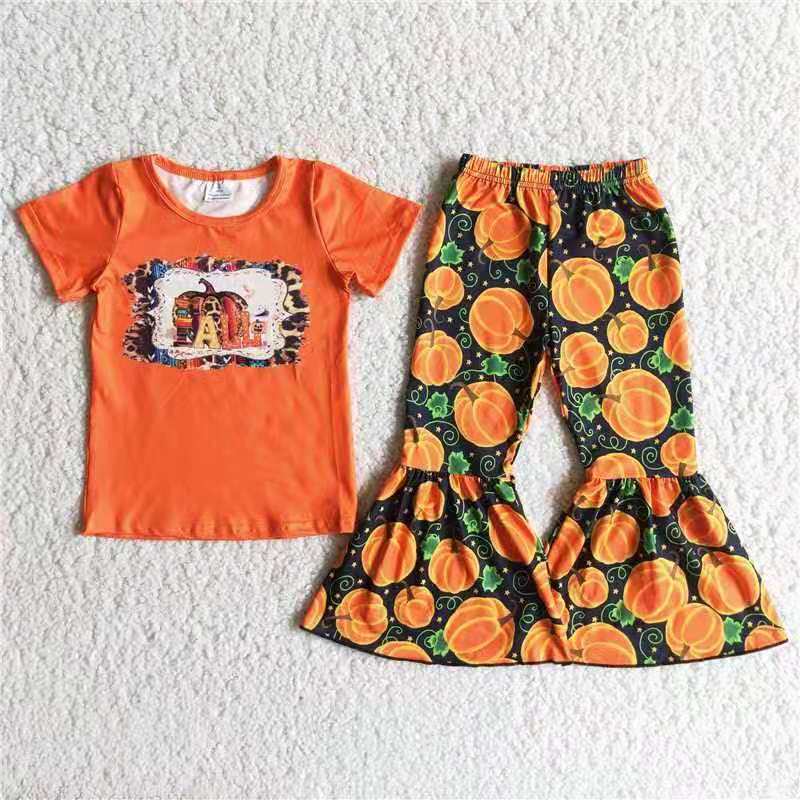 promotion B6-1 RTS FALL pumpkin orange short sleeve bell bottom pants outfits