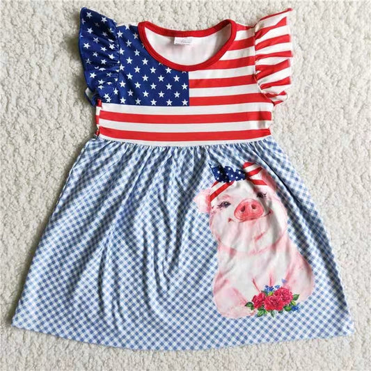 pink pig pattern Red blue flag stripe American national Day puffy short sleeve girl dress 1219 RTS