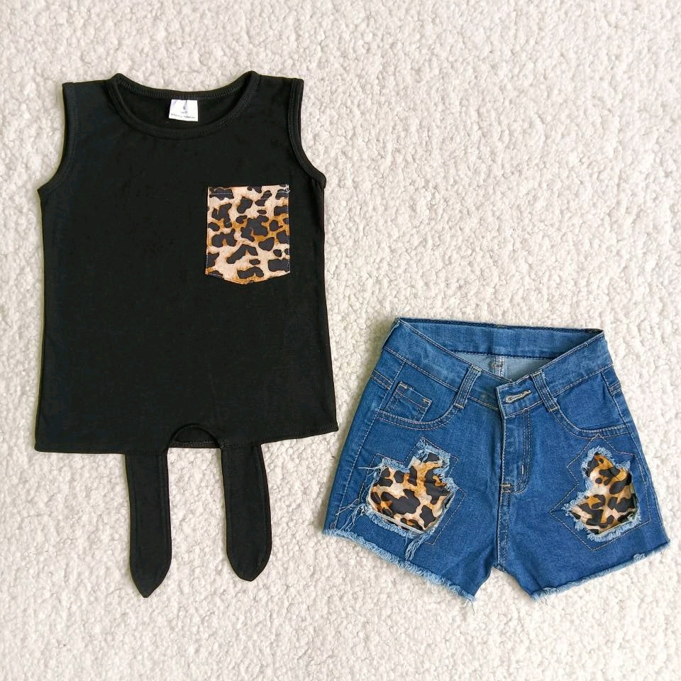 girl outfit crisscross leopard print pocket black denim shorts set