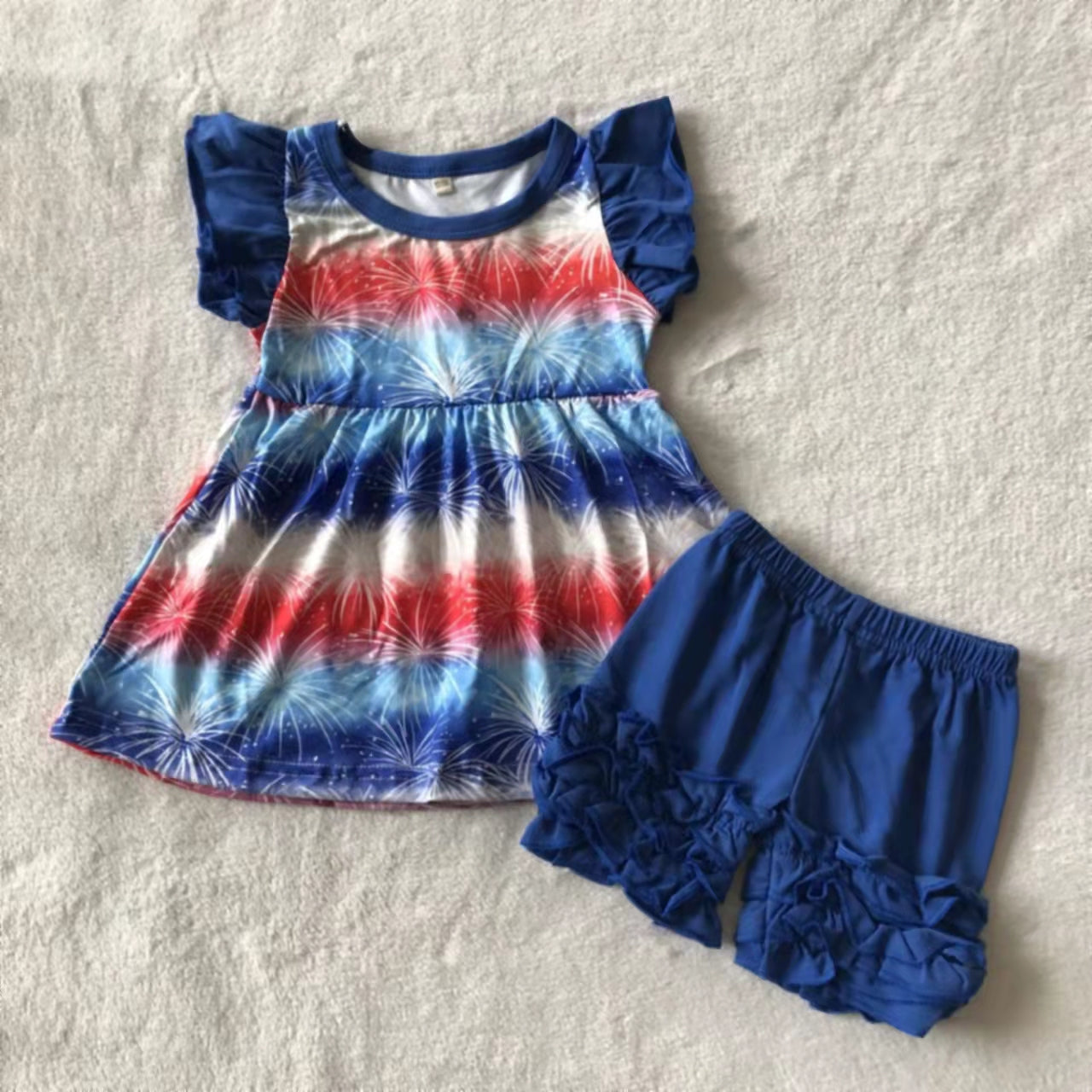 puffy sleeves firework Red blue flag stripe American national Day girl summer set 0209