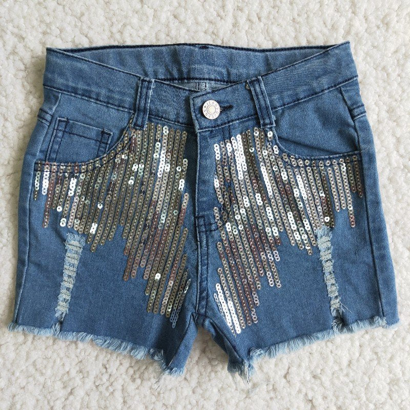 girl sequins blue ripped denim shorts