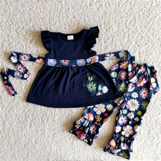 promotion RTS embroidery rabbit navy blue belt puffy short sleeve legging pants outfit 0516