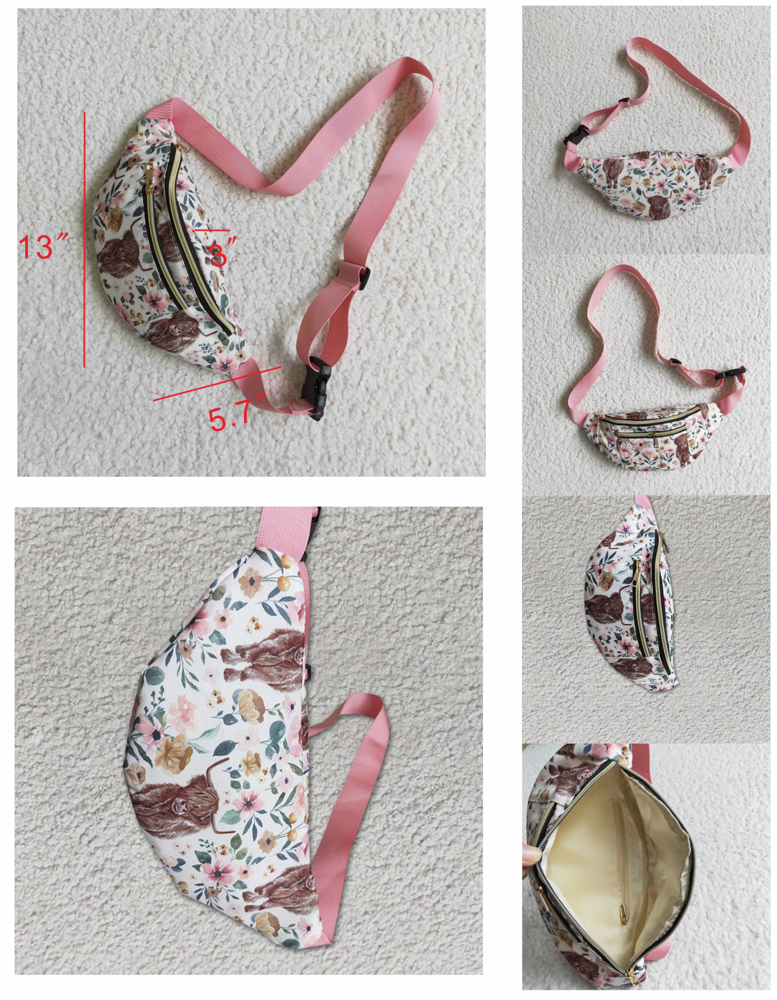 RTS the Fanny pack 13*5.7*3 inches Waist Bag pink cow floral bag 0708