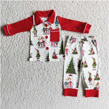 Christmas boy green cartoon red raglan collar long sleeve pajamas outfits