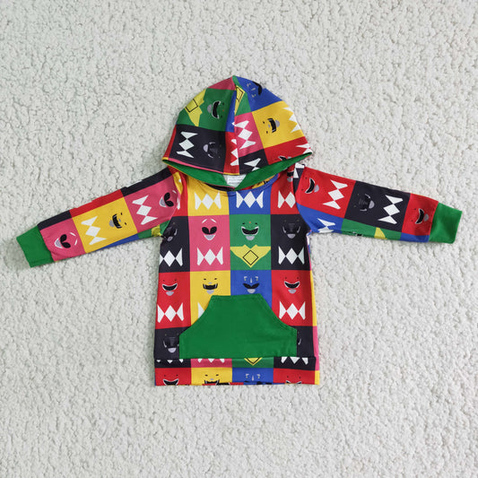 colorful plaid pocket cartoon long sleeve hoodie